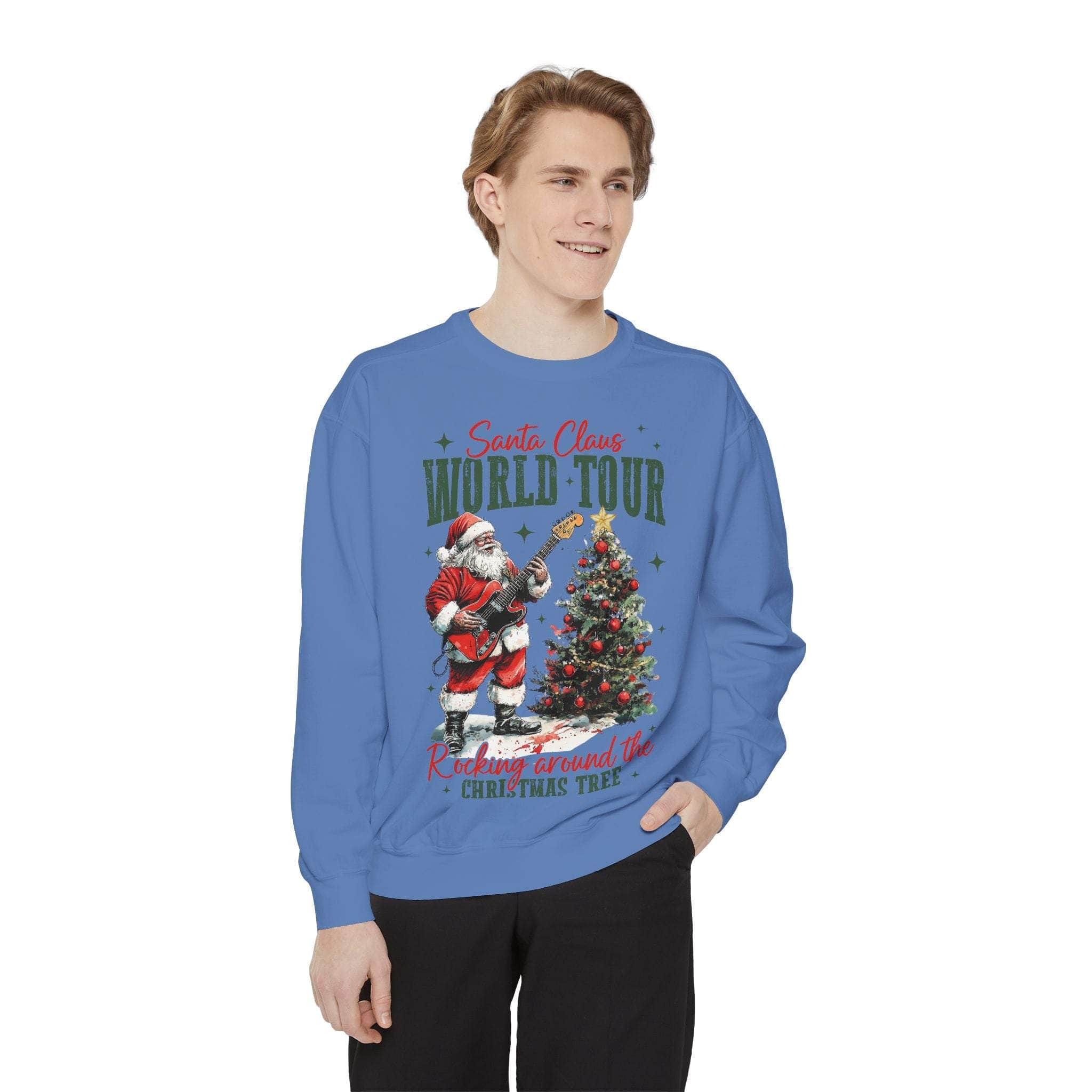 Unisex blue Sweatshirt Rocking Santa World Tour with festive Santa playing guitar near Christmas tree design