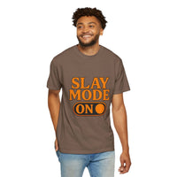 Garment-dyed brown Slay Mode On tee made from 100% cotton with bold orange text, perfect casual motivational shirt
