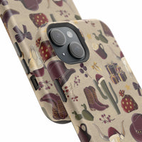 Cowboy Christmas design phone case for iPhone 17 in glossy finish by Printify, featuring festive colors and patterns.