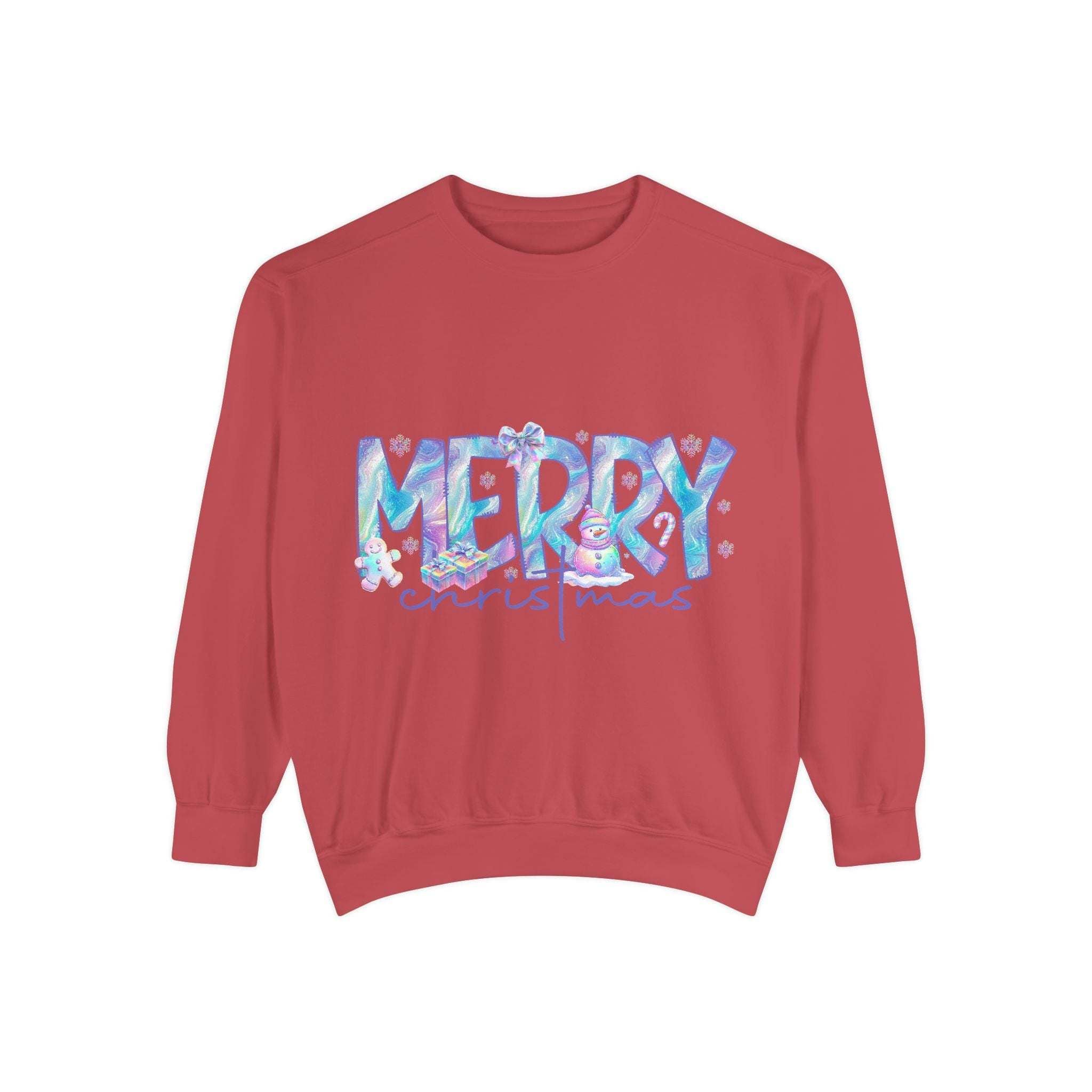 red sweatshirt with iridescent Merry Christmas design and relaxed fit