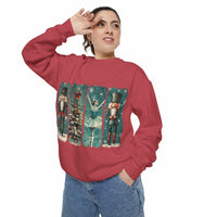 Vintage Christmas Nutcracker sweatshirt with watercolor nutcracker and holiday design on red fabric