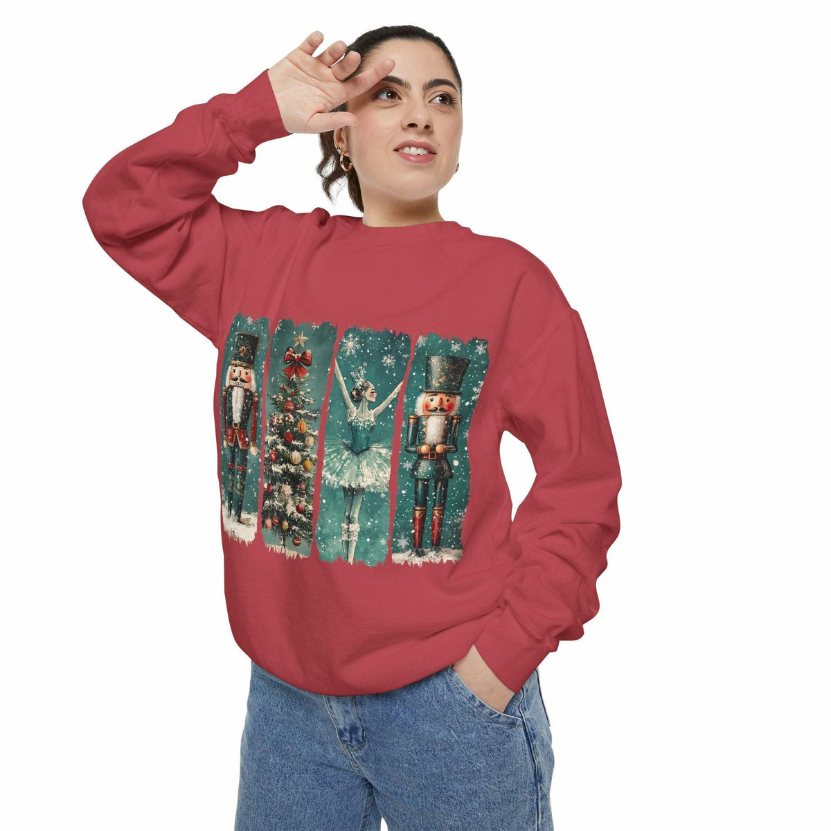 Vintage Christmas Nutcracker sweatshirt with watercolor nutcracker and holiday design on red fabric