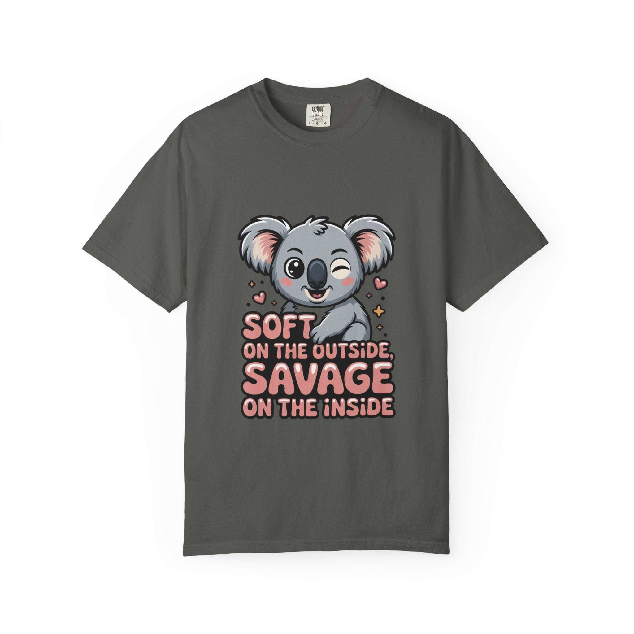 Soft on the Outside Savage on the Inside koala graphic t-shirt with vintage wash and relaxed fit