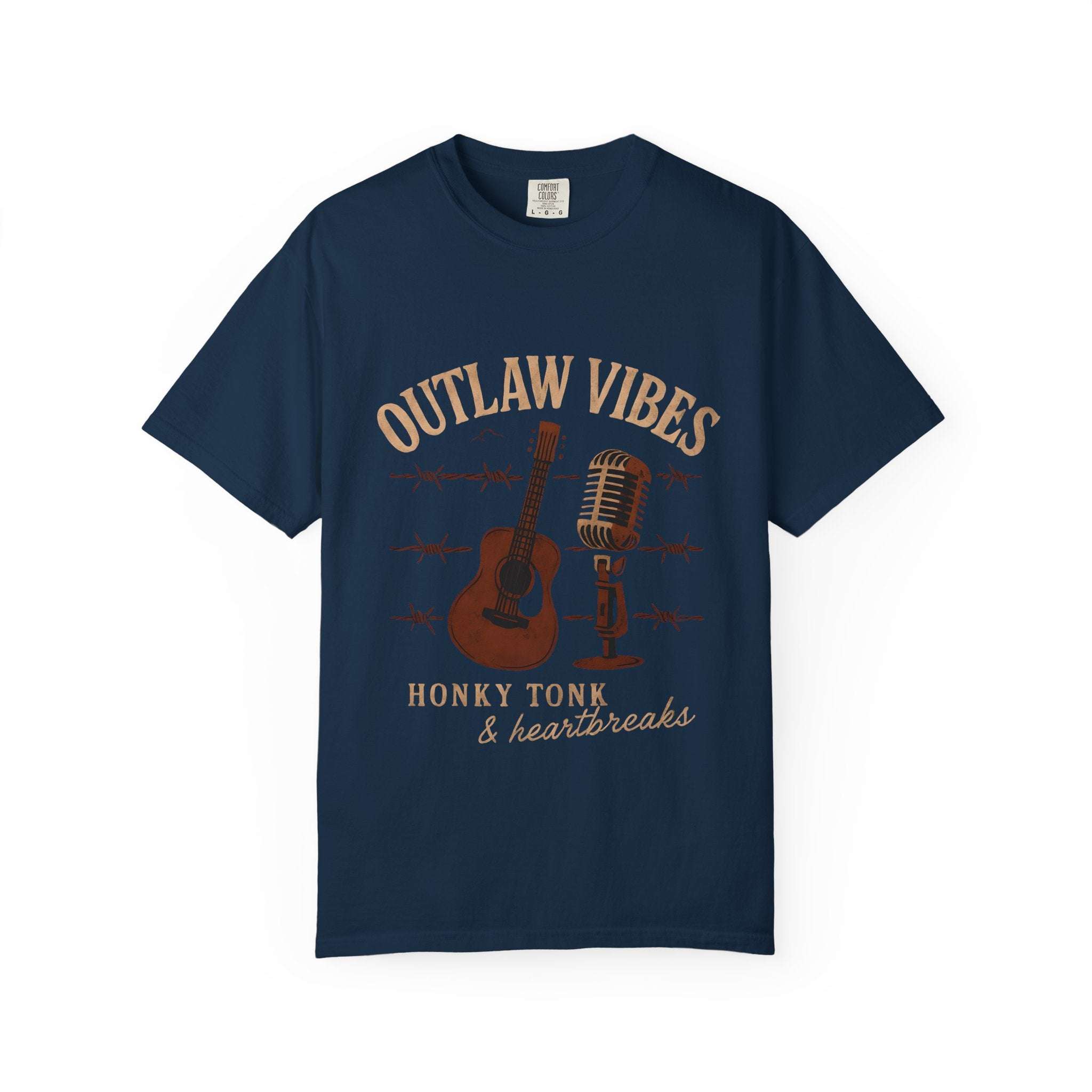 Navy blue t-shirt with 'Outlaw Vibes' graphic design featuring a guitar and microphone on a white background.