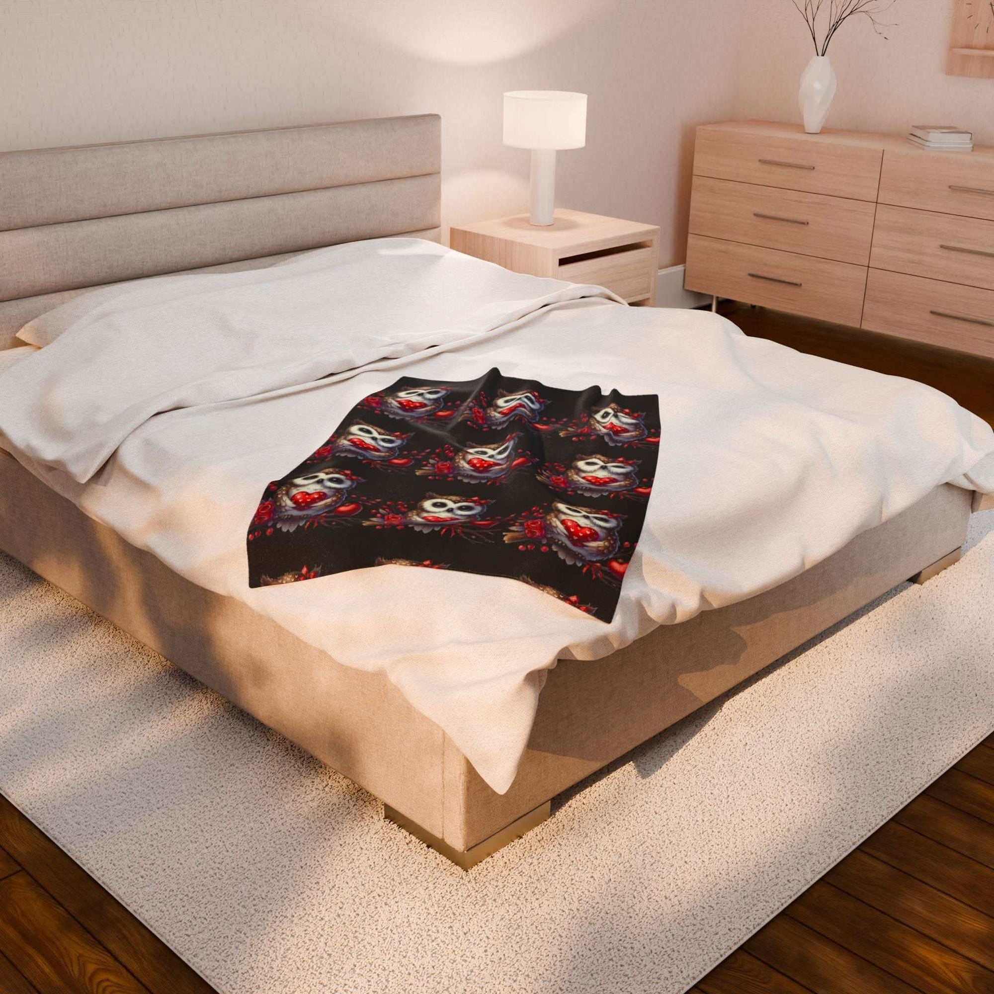 Floral Valentine Owl velveteen plush blanket with owl holding heart amidst floral design