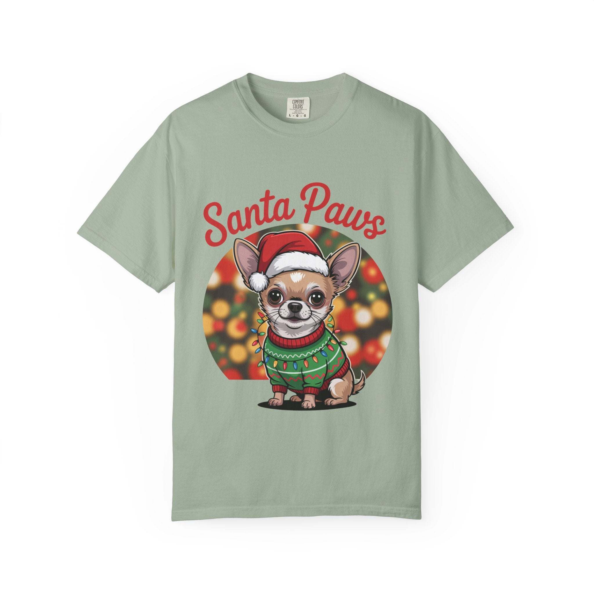 Light green Chihuahua Santa Paws Christmas thBay Chihuahua Santa Paws T-Shirt from Printify, festive holiday pet apparel for dog loversemed t-shirt with festive dog graphic and holiday lights background