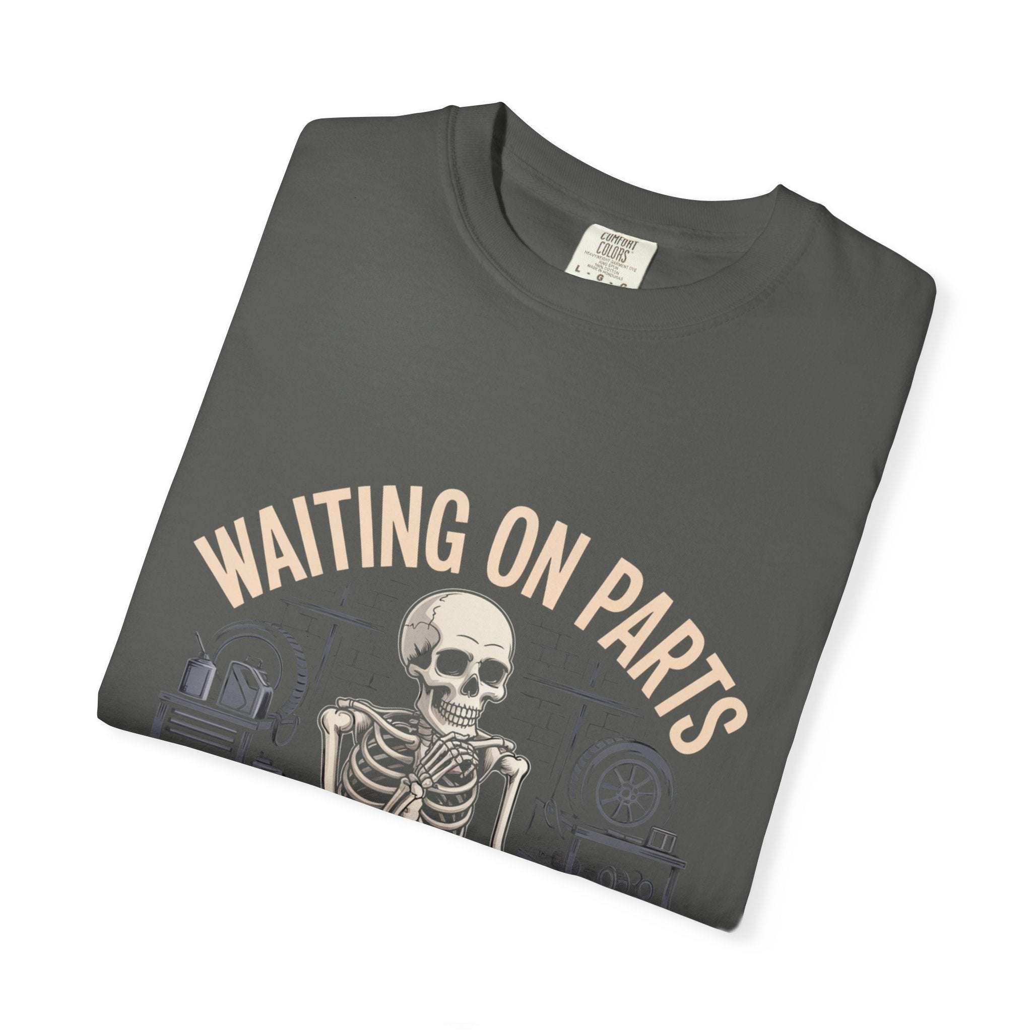 Vintage Waiting on Parts TShirt garment-dyed mechanic tee with relaxed fit and faded text design