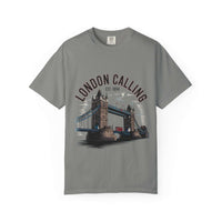 Unisex black garment-dyed t-shirt featuring 'London Calling' travel graphic