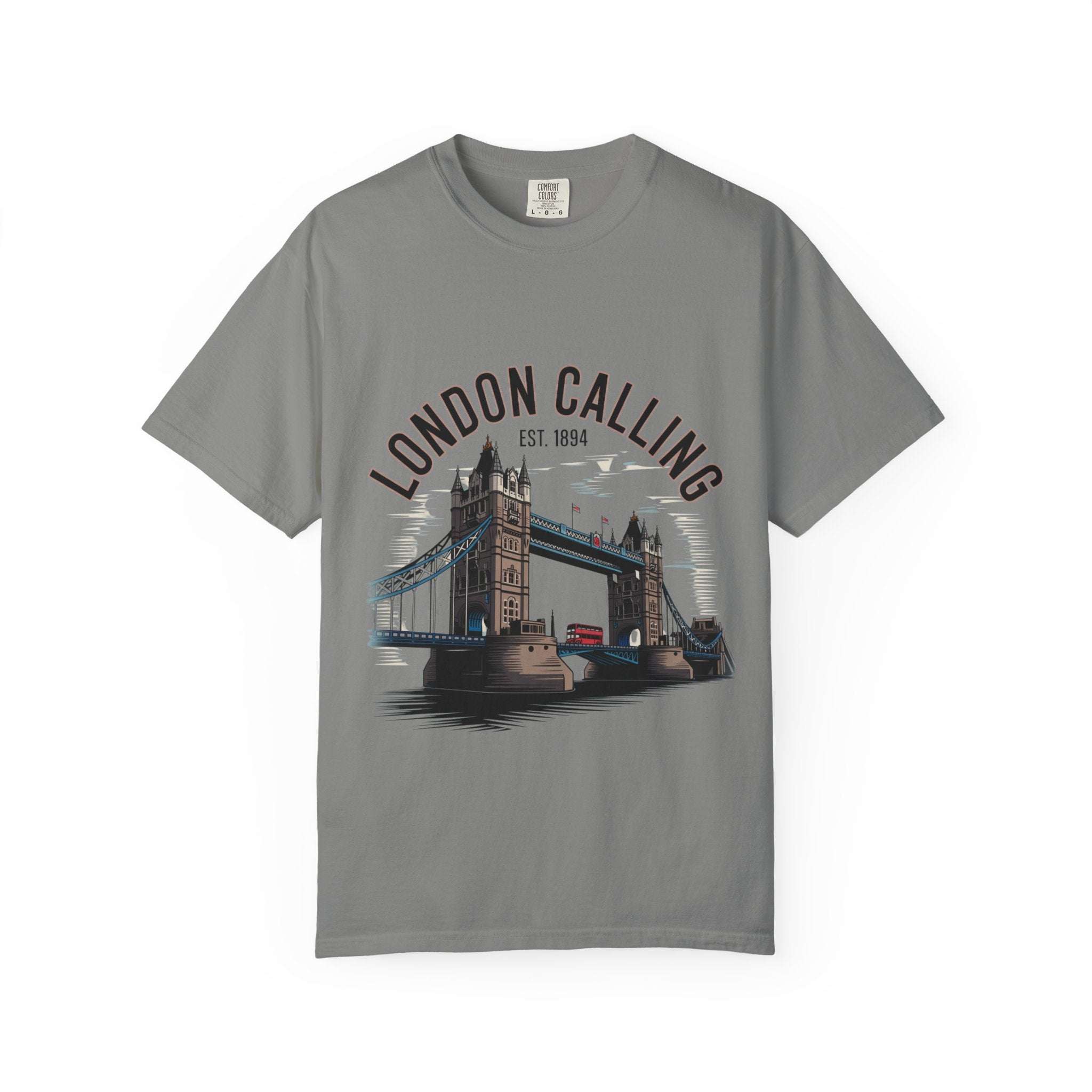 Unisex black garment-dyed t-shirt featuring 'London Calling' travel graphic