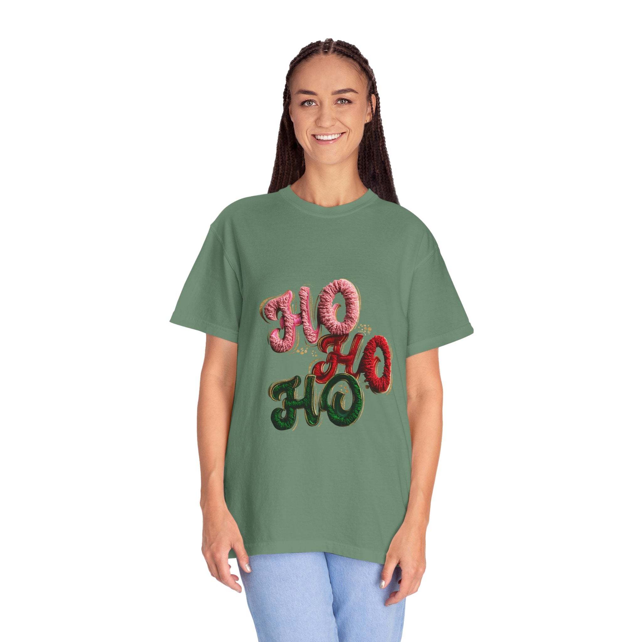 White Christmas graphic tee featuring faux puffy crochet 'Ho, Ho, Ho' design by Printify