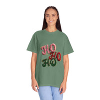 White Christmas graphic tee featuring faux puffy crochet 'Ho, Ho, Ho' design by Printify