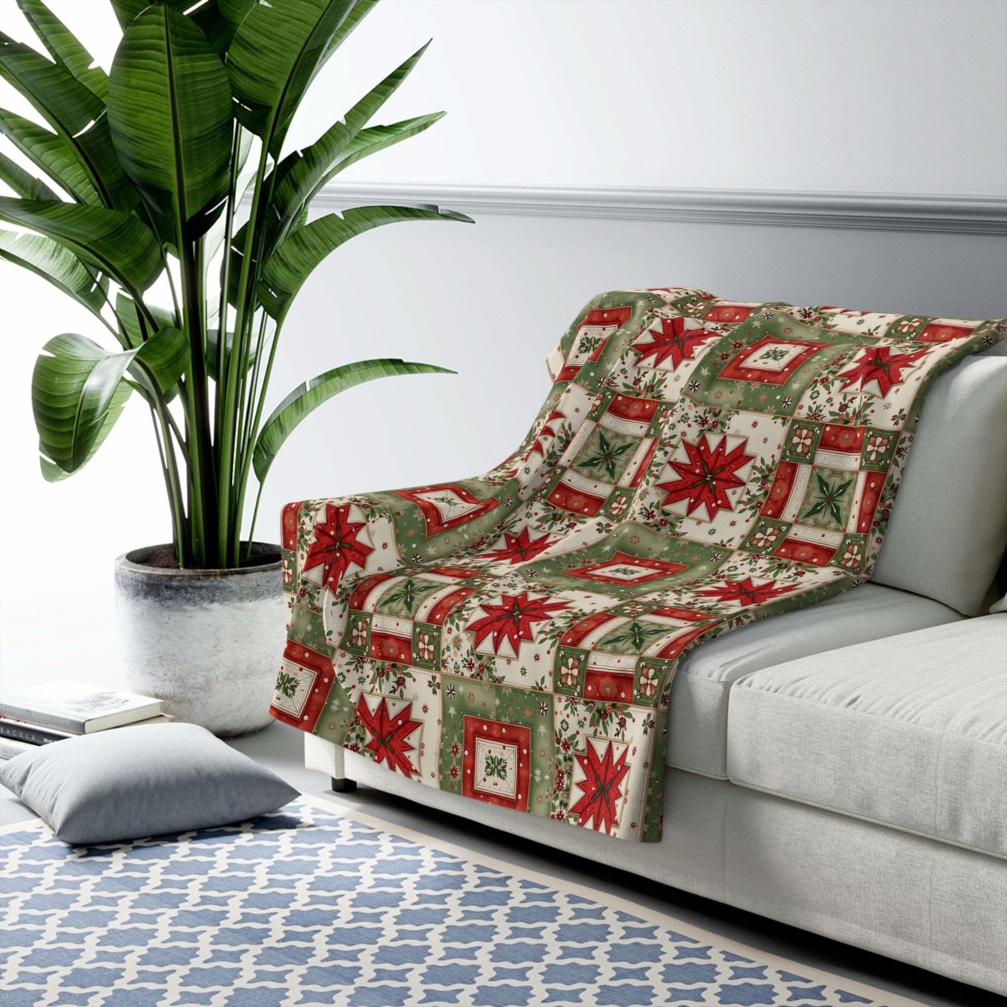 Vintage Christmas Patchwork Sherpa Blanket with plush fleece and festive patchwork design