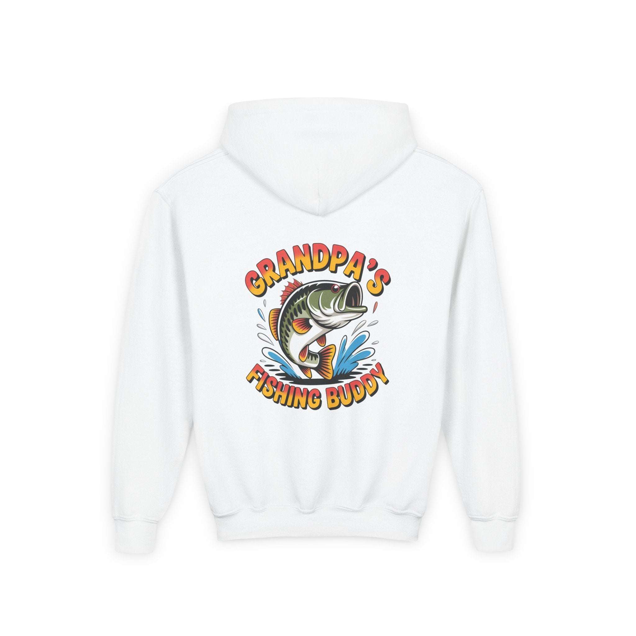 Youth hooded sweatshirt with embroidered Grandpas Fishing Buddy design and kangaroo pocket