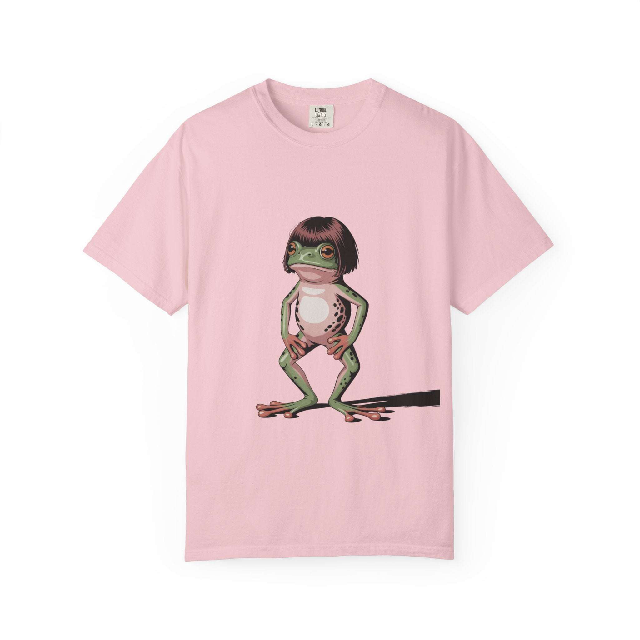Pink t-shirt with frog wearing bob haircut meme graphic design
