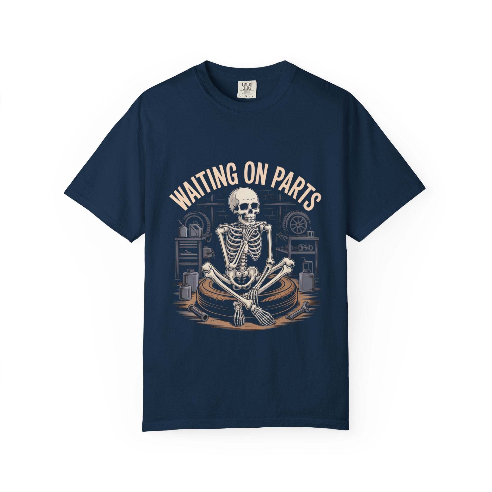 Vintage garment-dyed Waiting on Parts TShirt featuring mechanic-themed minimalist text on soft cotton fabric