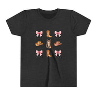 Youth pink tee with Cowboy Horse & Boots Western hat and bow pattern design