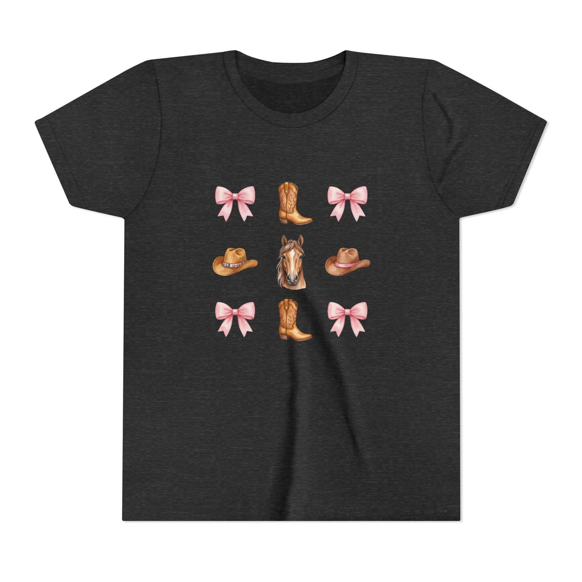 Youth pink tee with Cowboy Horse & Boots Western hat and bow pattern design