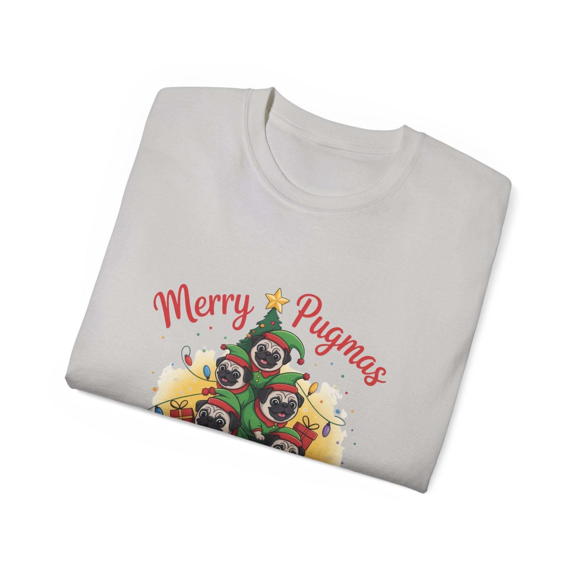 Black Merry Pugmas holiday t-shirt from Printify, featuring festive pug design for dog lovers.