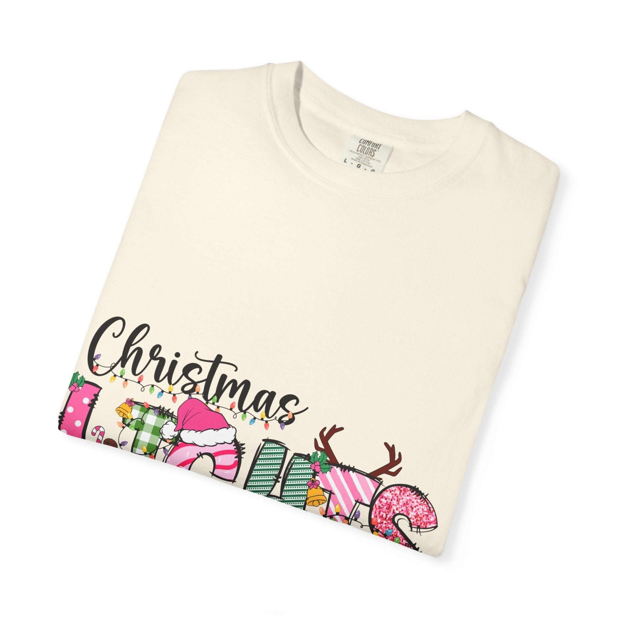 Christmas Lights Are My Favorite Color T-shirt in soft garment-dyed cotton with relaxed fit and holiday graphic text