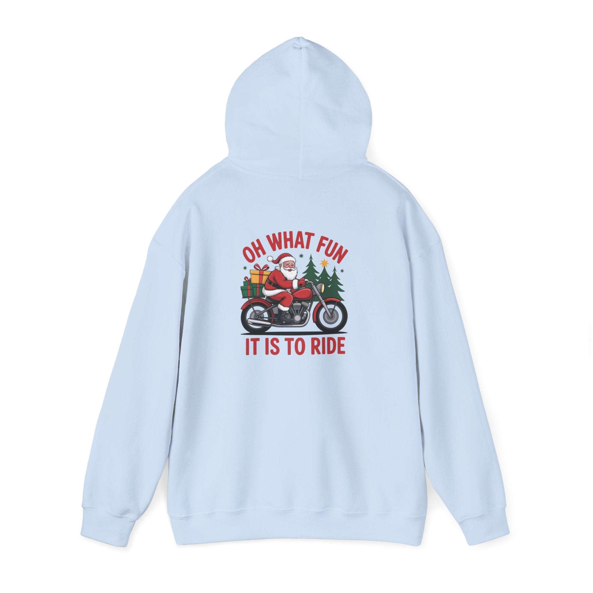 Santa motorcycle hoodie in black, featuring festive graphics, perfect for holiday celebrations and motorcycle enthusiasts.