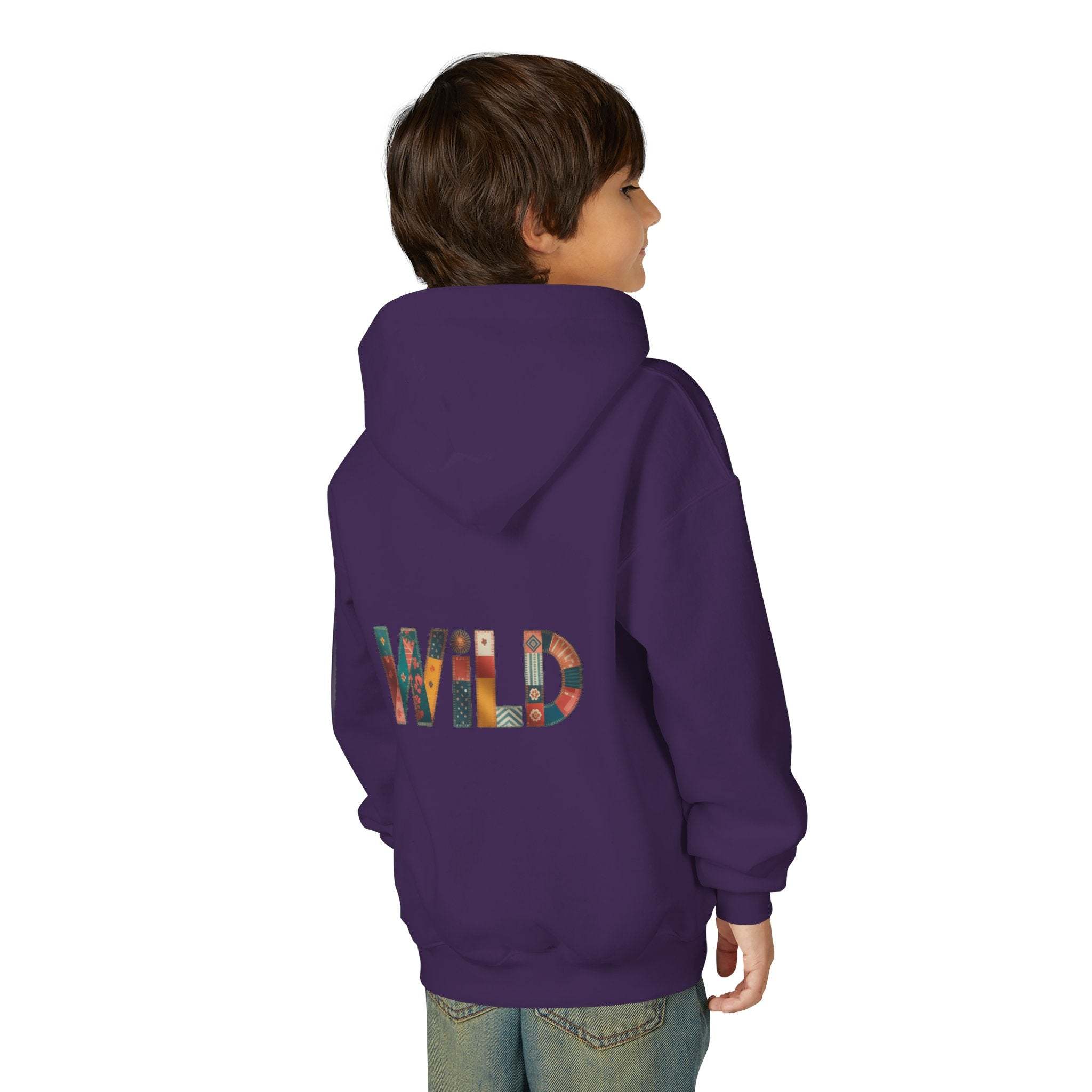 Child wearing purple Patchwork Wild Word Hoodie with colorful "WILD" text on back and kangaroo pocket