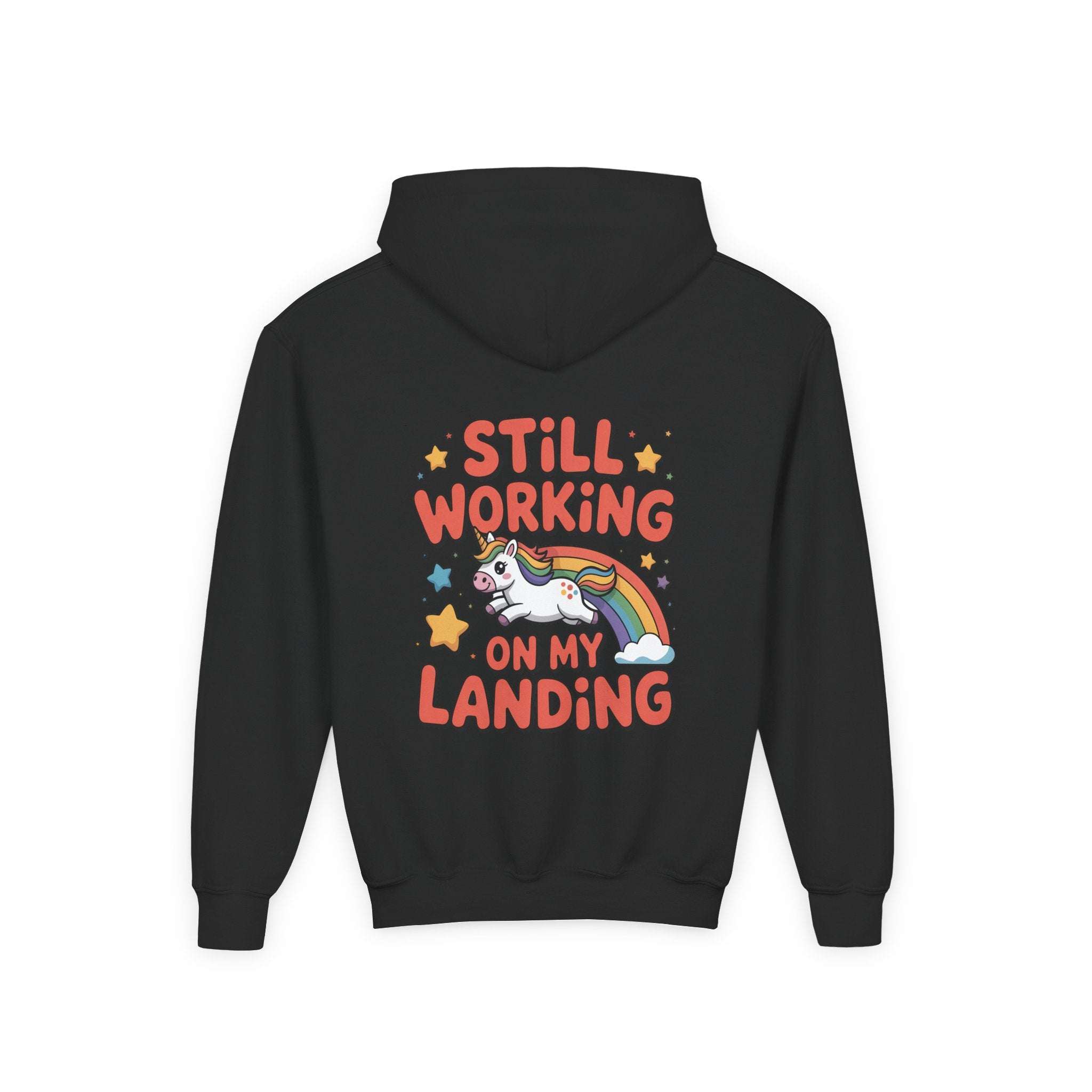 Still Working On My Landing Hoodie | Kids Unicorn Rainbow Design