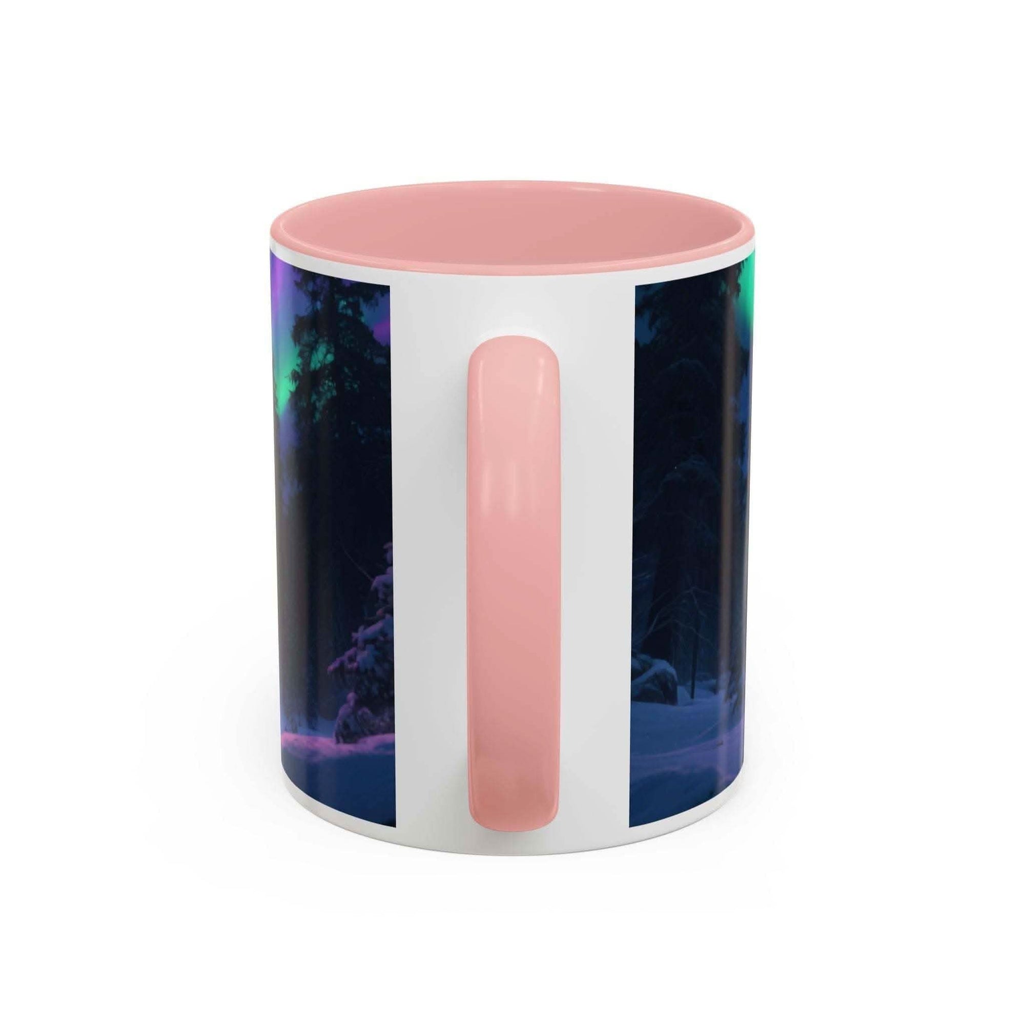 Ceramic mug with pink handle and interior featuring howling wolf aurora borealis night sky design