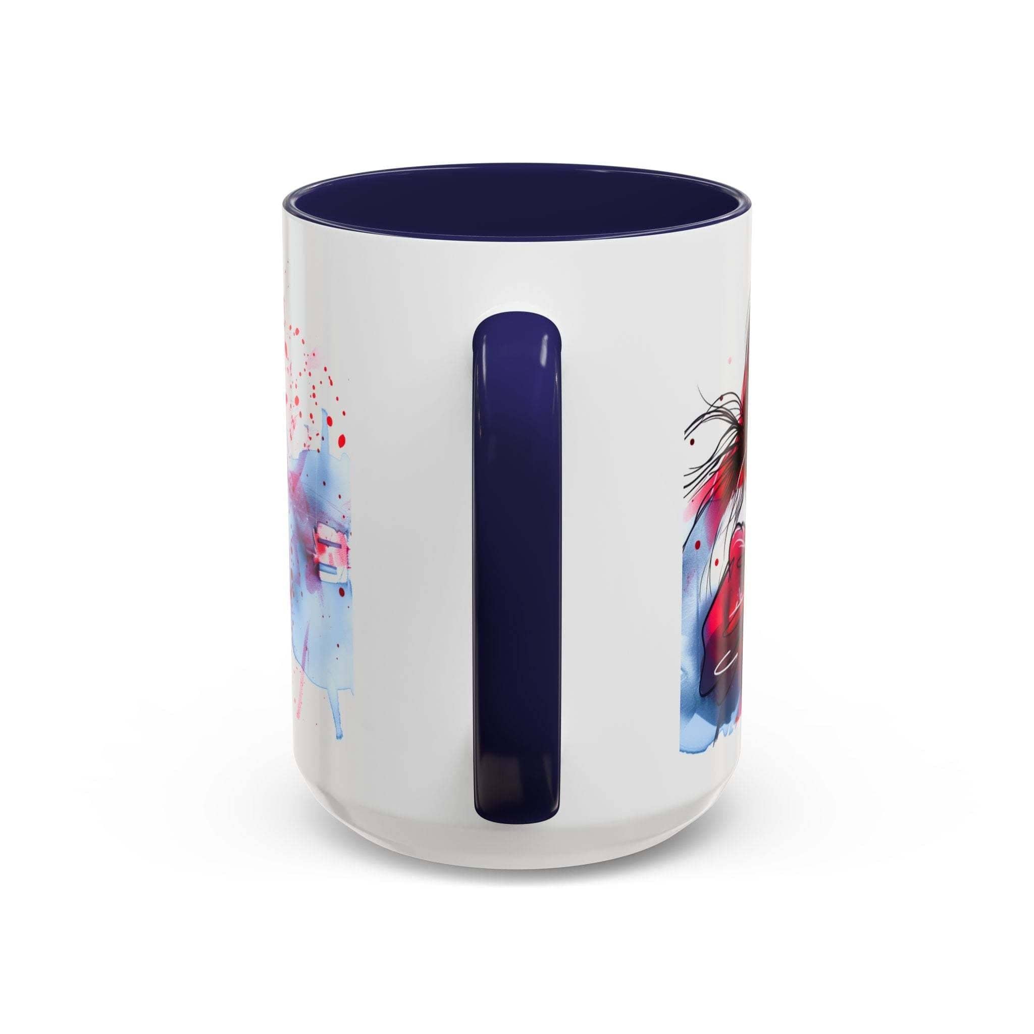 Valentines Floral Love Accent Coffee Mug with navy handle and interior, romantic heart and floral design, microwave and dishwasher safe ceramic mug