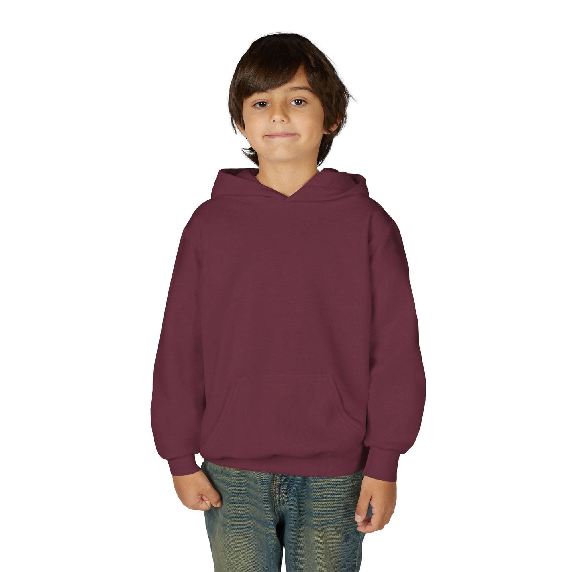 Child wearing maroon Patchwork Wild Word Hoodie with kangaroo pocket and hood