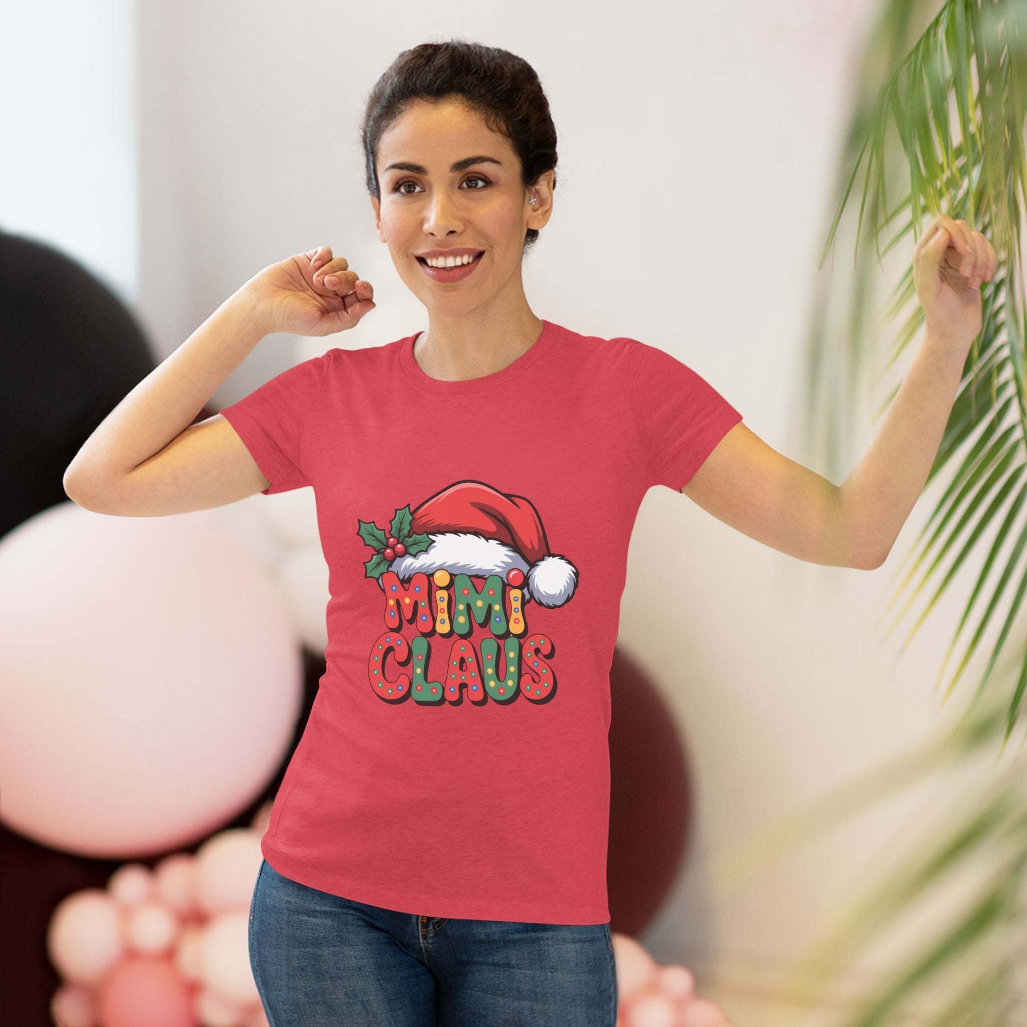 Women's T-shirt with festive Mimi Claus Christmas design in soft triblend fabric