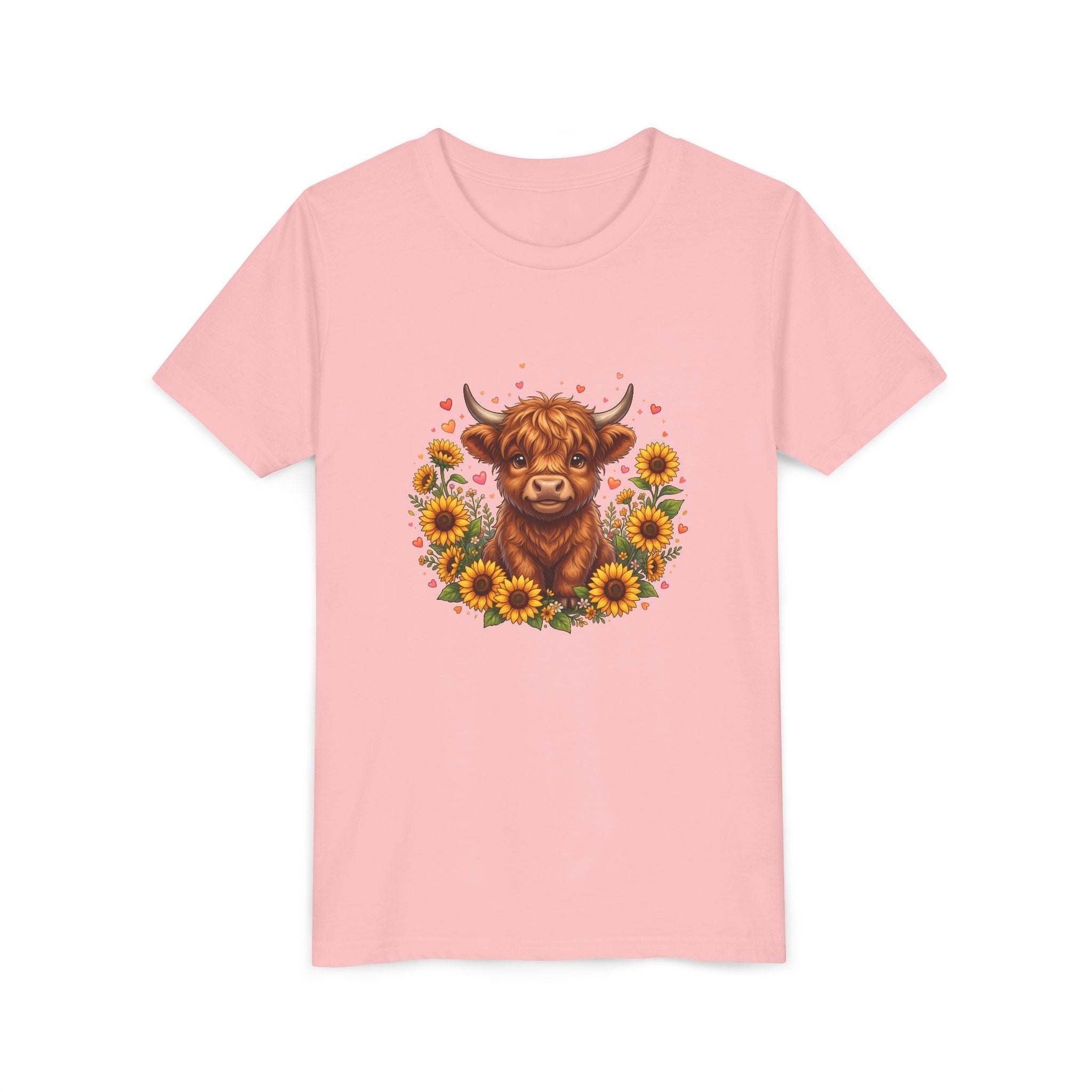 Highland Cow with Sunflowers Youth Tee | Cute Calf Floral Kids Shirt