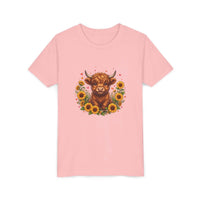 Youth tee featuring Highland cow with sunflowers design on soft cotton fabric