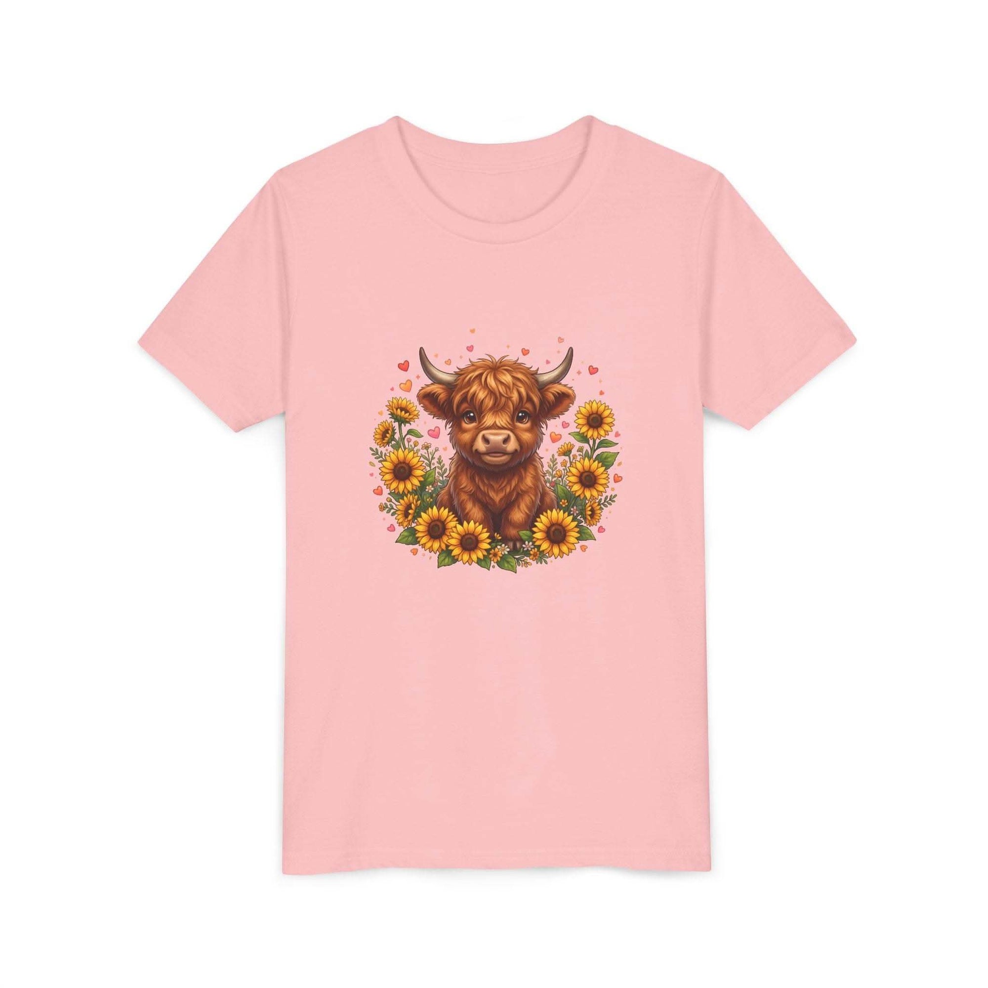 Youth tee featuring Highland cow with sunflowers design on soft cotton fabric