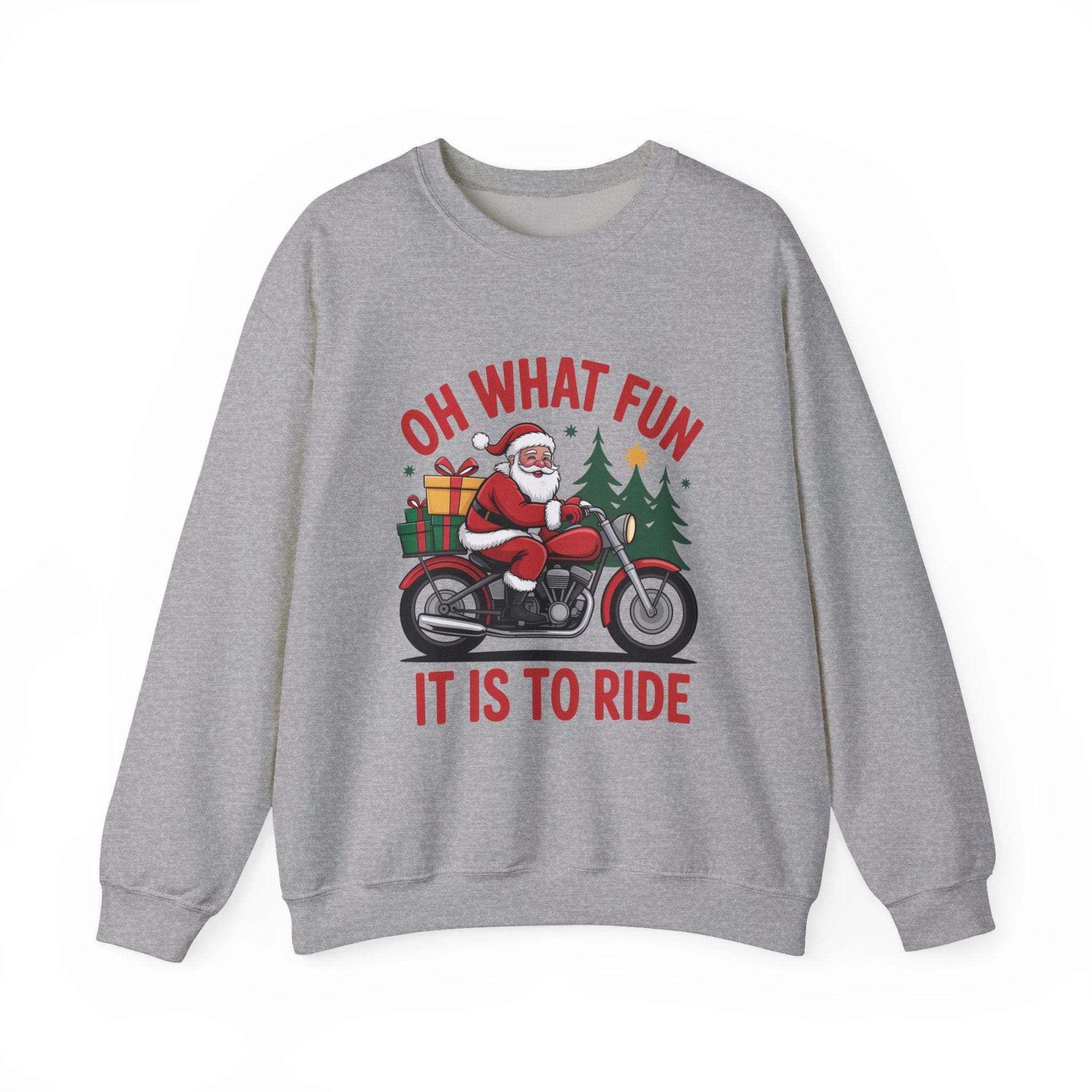 Black crewneck sweatshirt featuring a Santa motorcycle graphic by Printify, perfect for cozy winter wear.