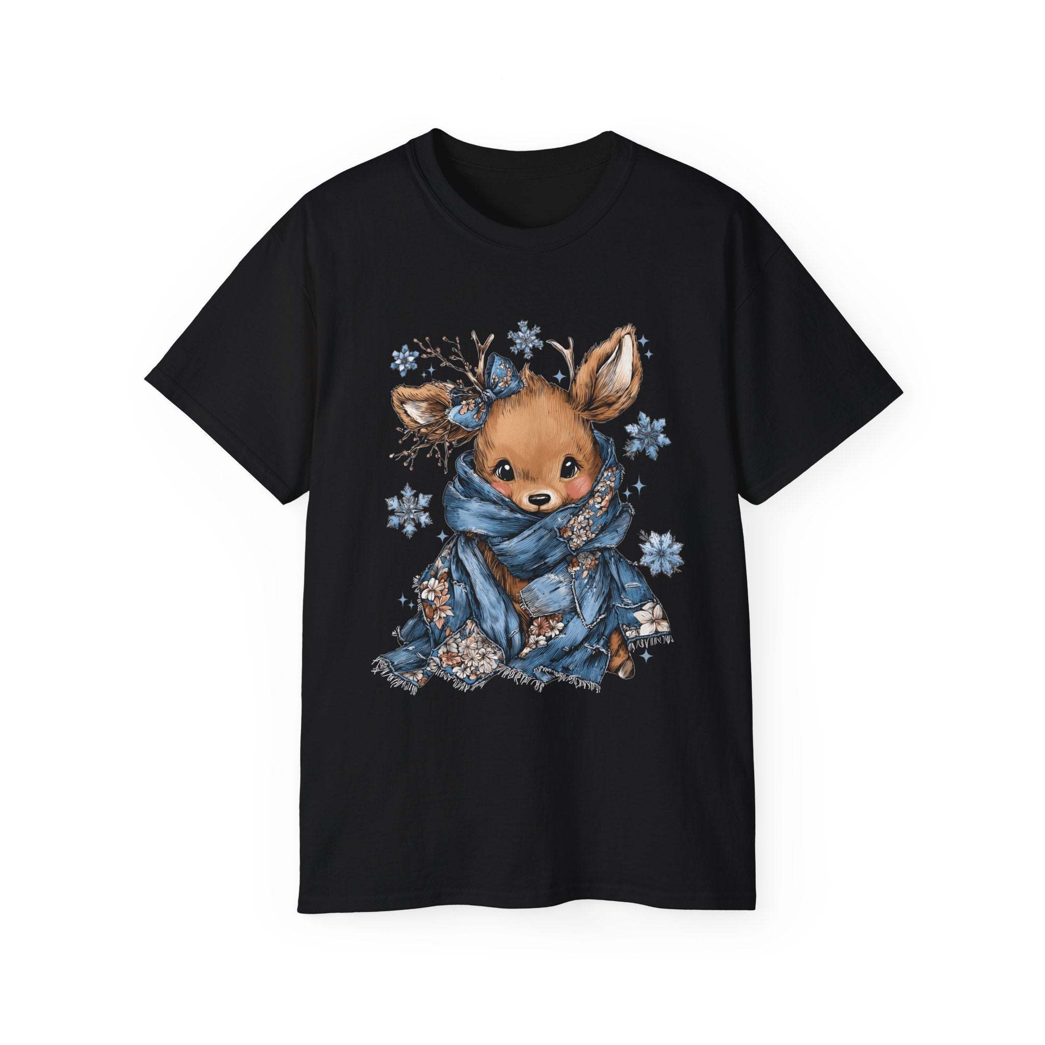 Black t-shirt with retro patchwork reindeer wearing a blue scarf and snowflakes design