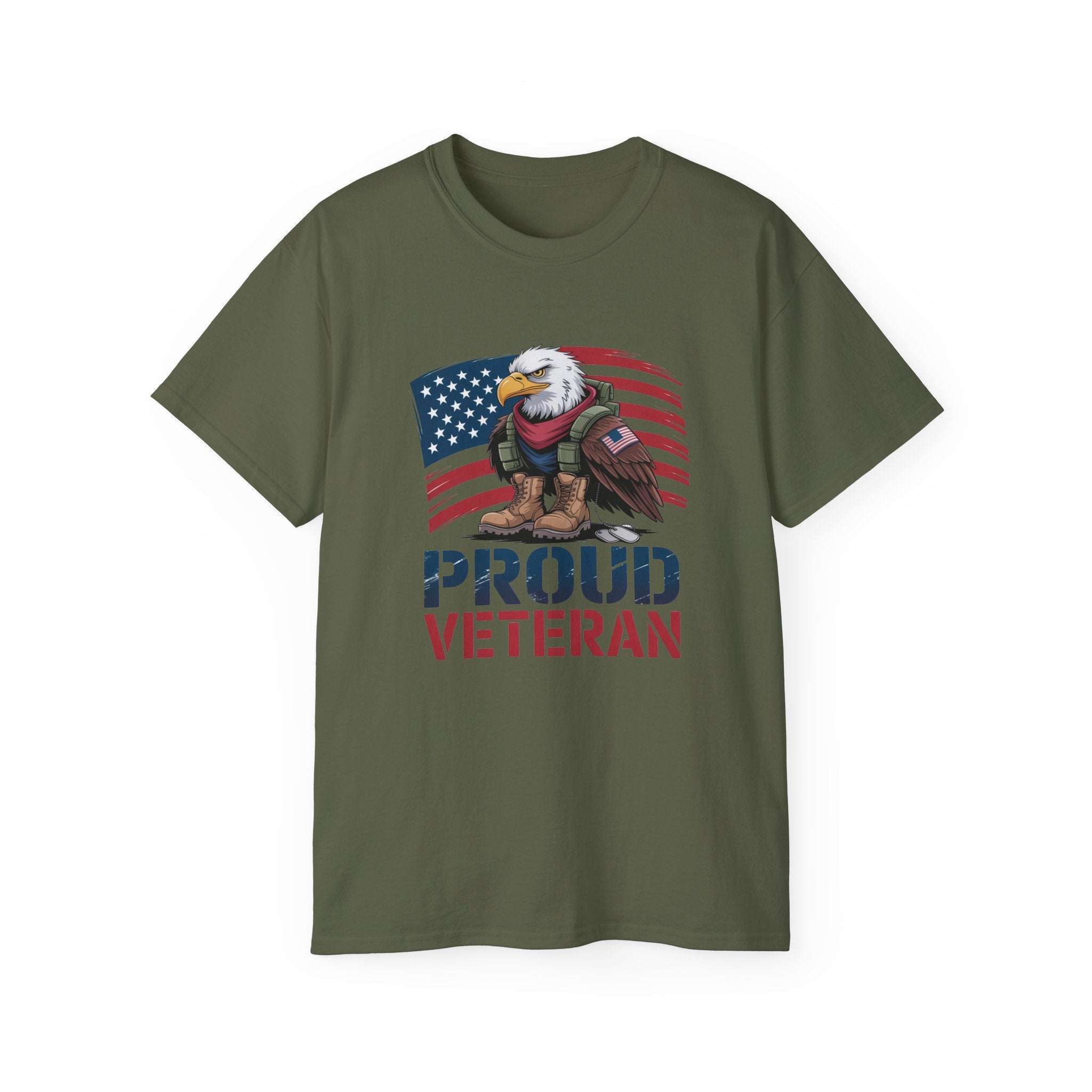 White unisex Proud Veteran T-Shirt by Printify, soft cotton fabric, available in sizes S, M, L