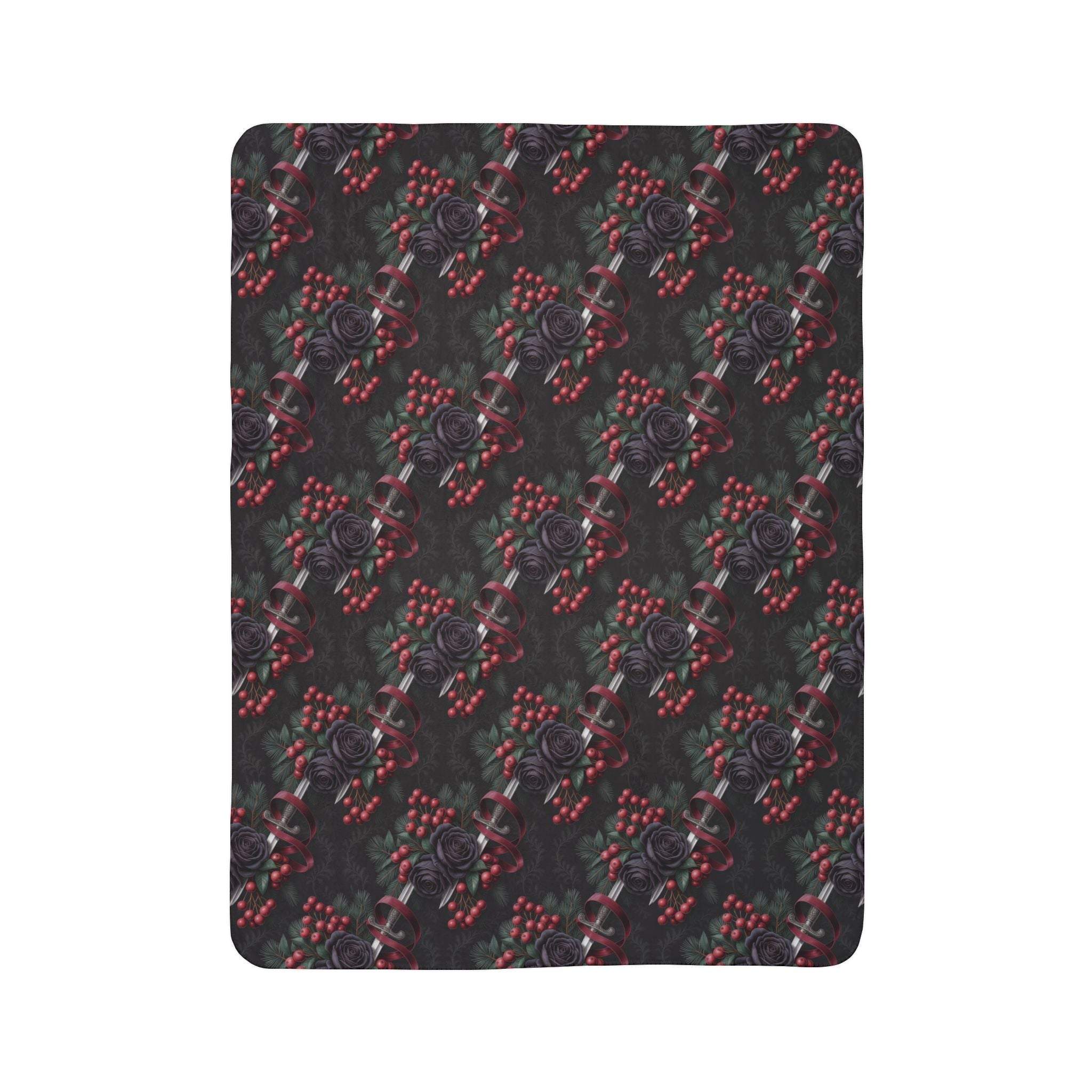 Gothmas Black Roses & Daggers fleece sherpa blanket with dark floral and dagger design on plush fabric