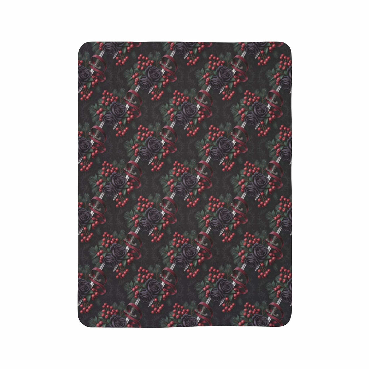 Gothmas Black Roses & Daggers fleece sherpa blanket with dark floral and dagger design on plush fabric