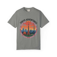 Garment-dyed gray T-shirt with Tokyo Adventures travel graphic and city skyline design