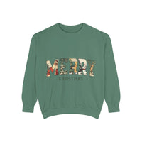 Vintage Varsity Merry Christmas sweatshirt with holiday-themed varsity style print on green fabric