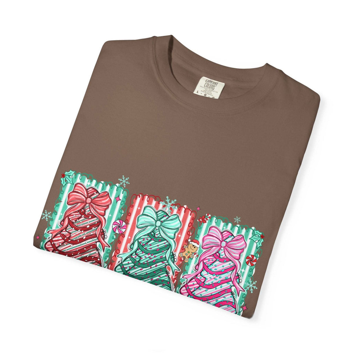 Oh Christmas Tree T-shirt with colorful decorated Christmas trees on cream garment-dyed fabric