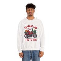 Man wearing navy Motorcycle Santa Sweatshirt with Santa on motorcycle and holiday gifts design in festive setting