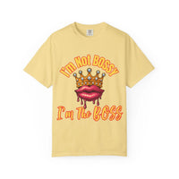 Black cotton t-shirt with crew neck, featuring 'Boss' graphic, unisex design by Printify.