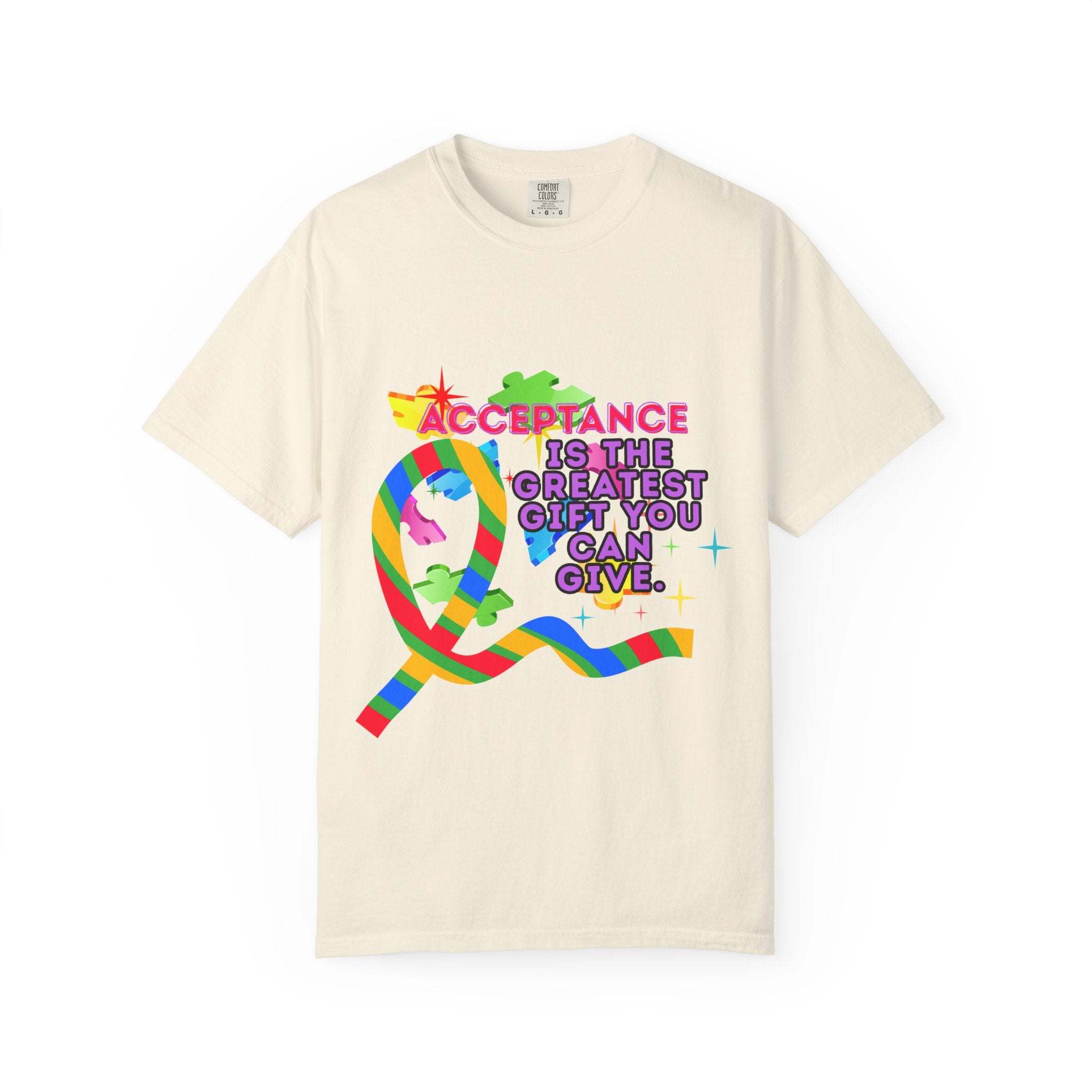 Black garment-dyed t-shirt with Autism Acceptance graphic, available in size S by Printify.