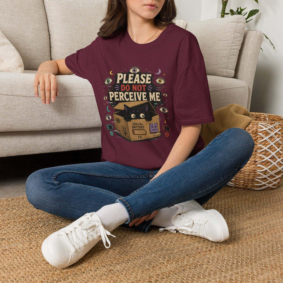 Black cat in box t-shirt with "Please Do Not Perceive Me" weirdcore graphic and occult eyes design