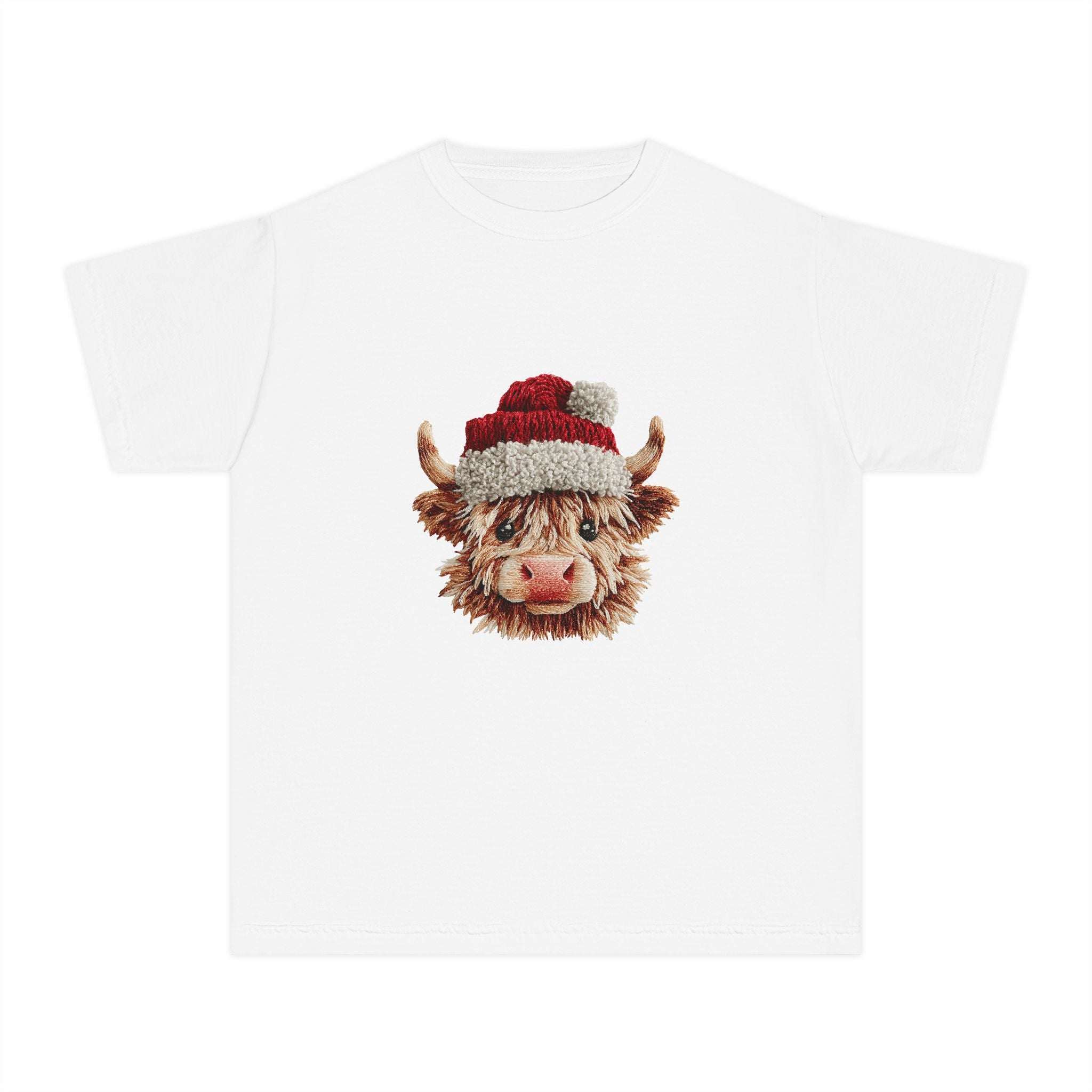 Youth tee featuring Santa Highland cow in faux crochet yarn style for Christmas
