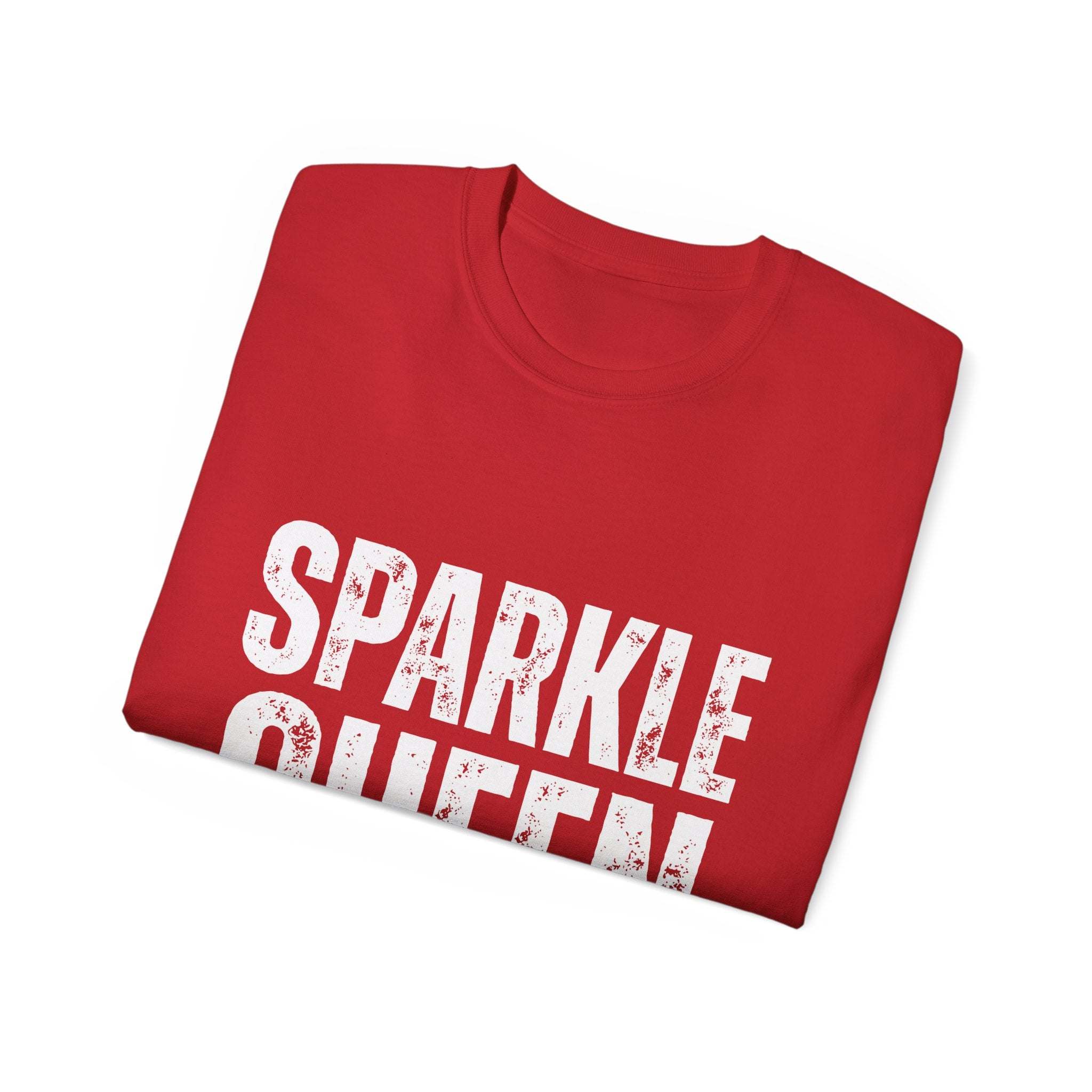 Red distressed Sparkle Queen T-Shirt folded for fashionistas and celebrations