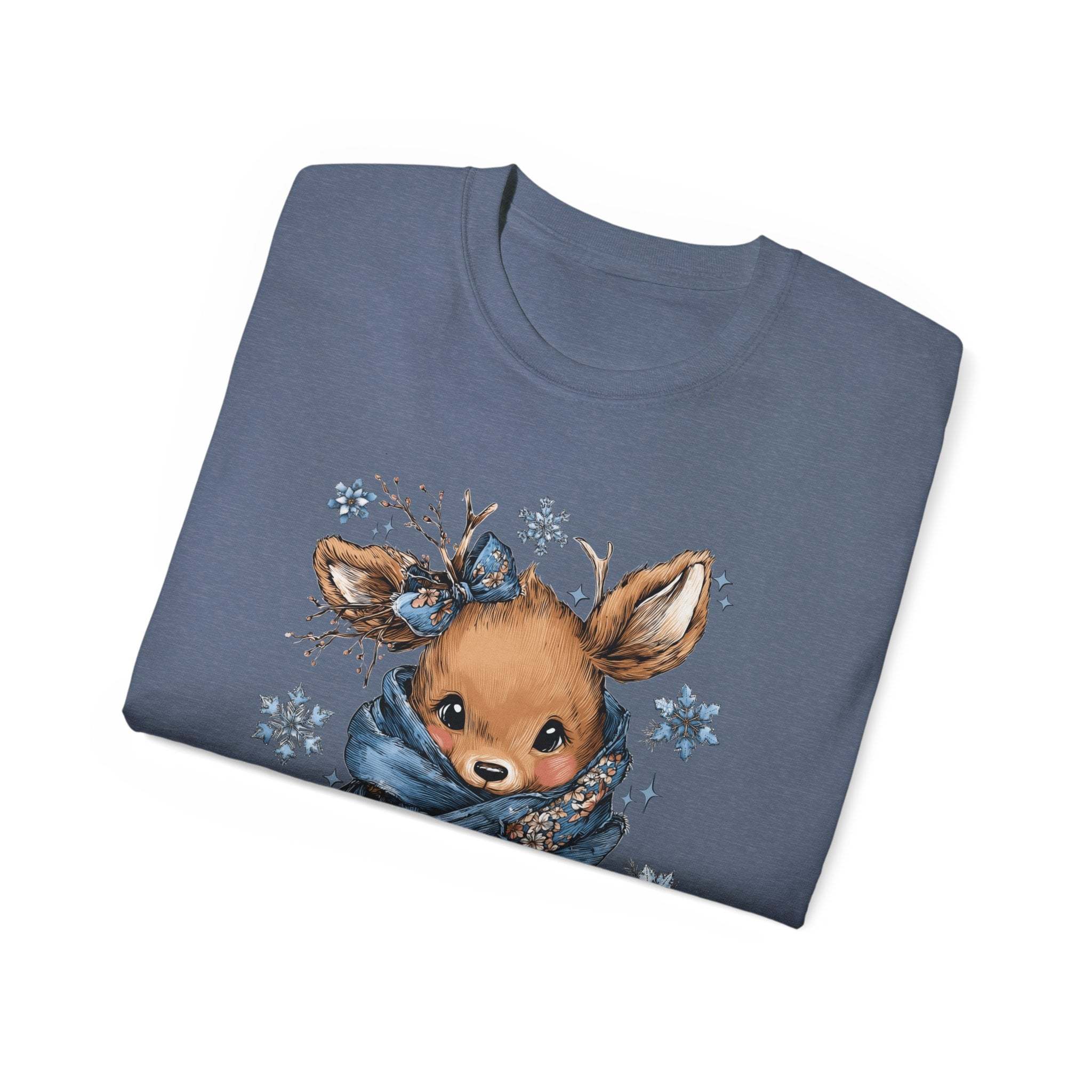 Folded blue Retro Patchwork Reindeer T-shirt with cute reindeer graphic and floral accents