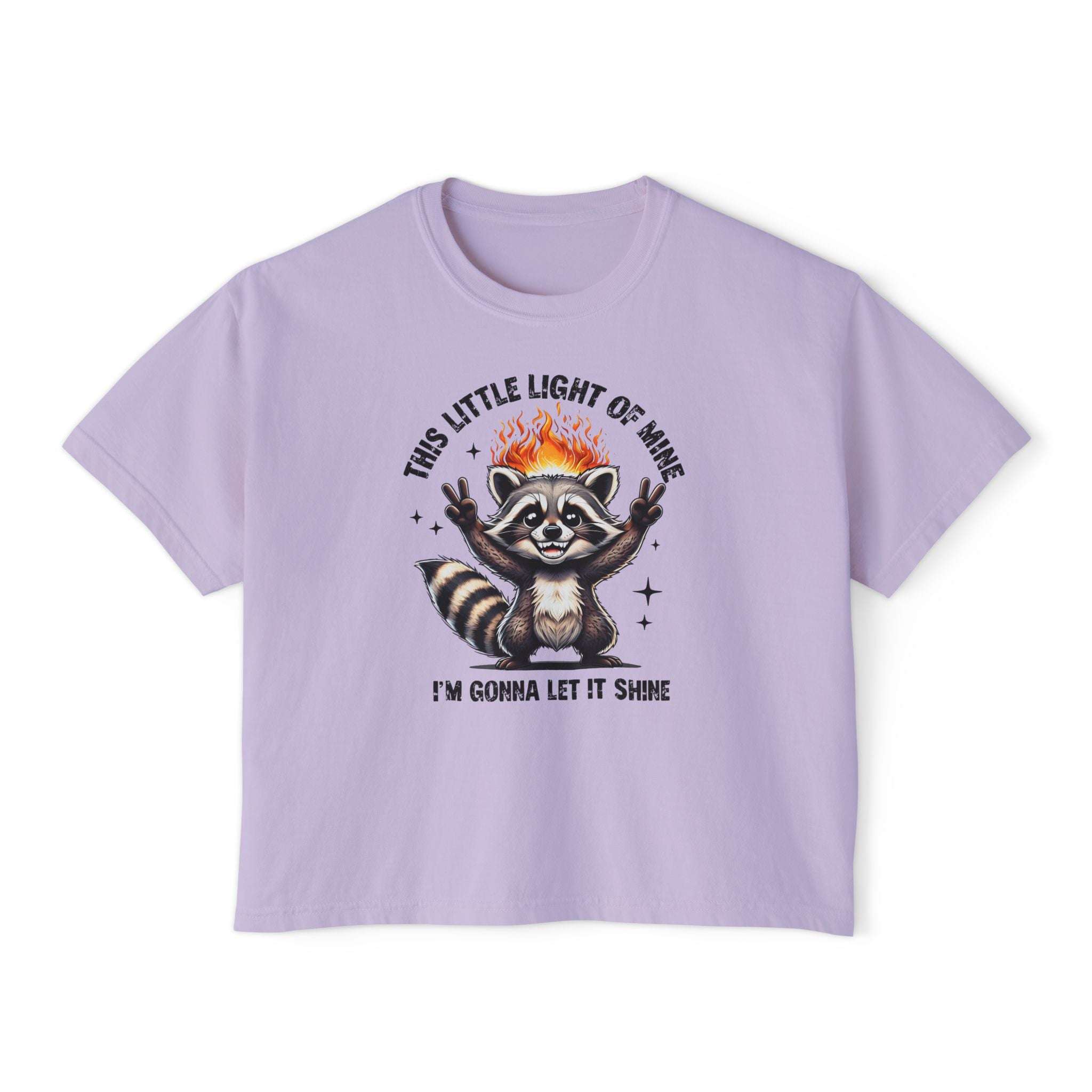 Lavender t-shirt with a raccoon graphic and text on a white background
