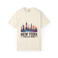 Red garment-dyed t-shirt featuring New York State of Mind design by Printify